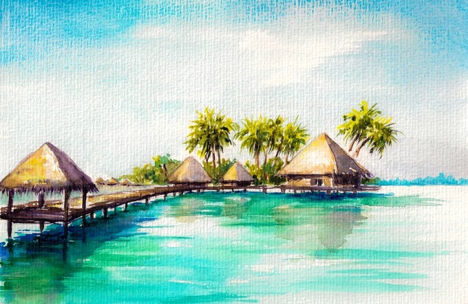 Over water bungalows in blue sea, watercolor painted